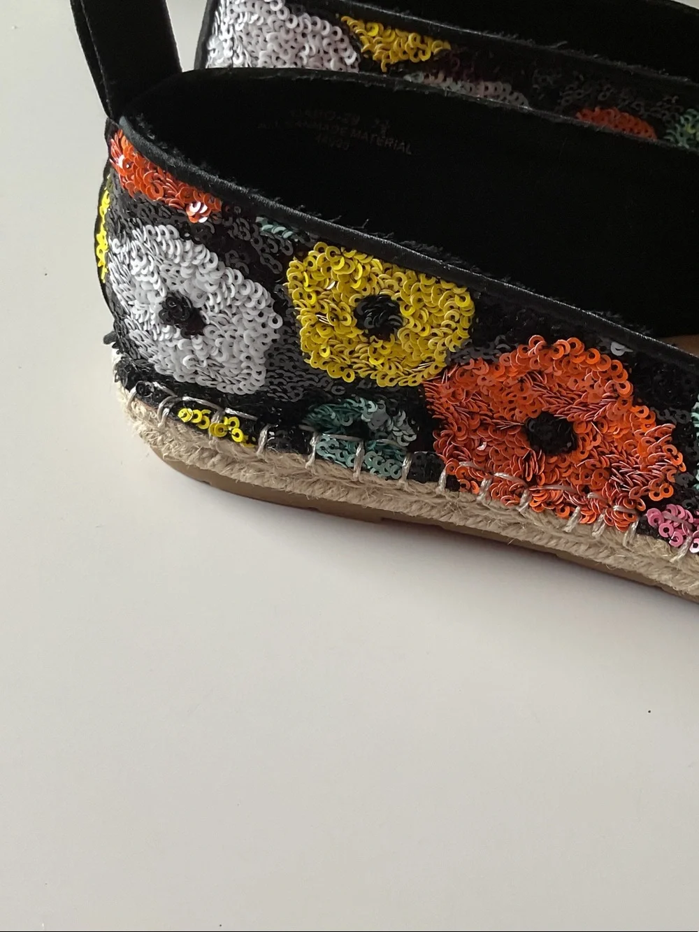 BAMBOO Black Espadrilles with Multicolor Sequin Flowers